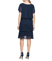 Ignite Evenings Beaded Trim Tiered Scoop Neck Short Flutter Sleeve Tiered Ruffle Hem Dress