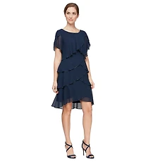 Ignite Evenings Beaded Trim Tiered Scoop Neck Short Flutter Sleeve Tiered Ruffle Hem Dress