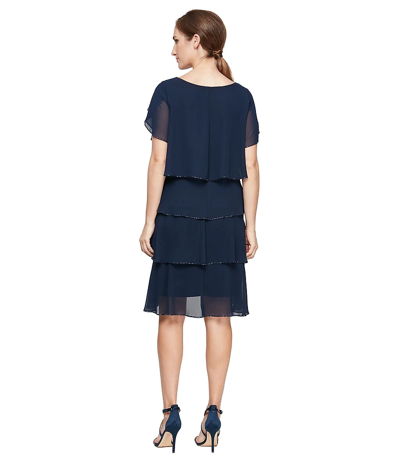 Ignite Evenings Beaded Trim Tiered Scoop Neck Short Flutter Sleeve Tiered Ruffle Hem Dress