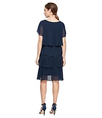 Ignite Evenings Beaded Trim Tiered Scoop Neck Short Flutter Sleeve Tiered Ruffle Hem Dress