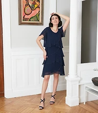 Ignite Evenings Beaded Trim Tiered Scoop Neck Short Flutter Sleeve Tiered Ruffle Hem Dress
