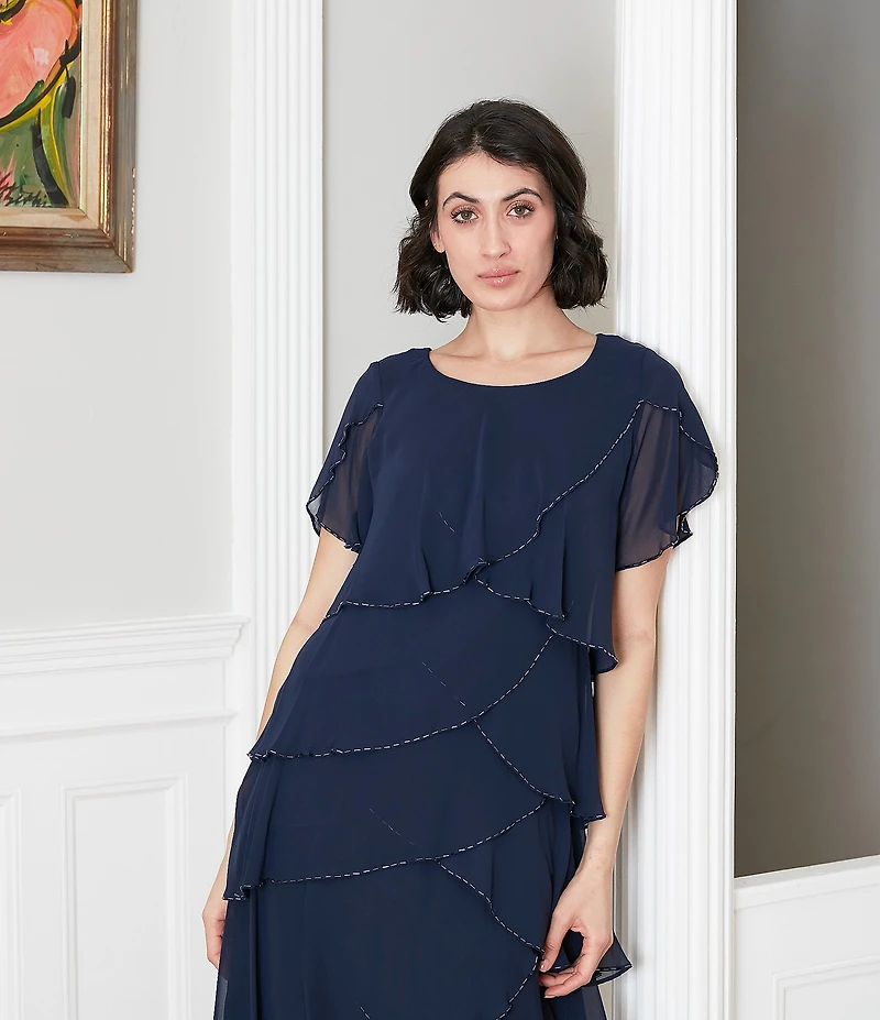 Ignite Evenings Beaded Trim Tiered Scoop Neck Short Flutter Sleeve Tiered Ruffle Hem Dress