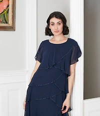 Ignite Evenings Beaded Trim Tiered Scoop Neck Short Flutter Sleeve Tiered Ruffle Hem Dress