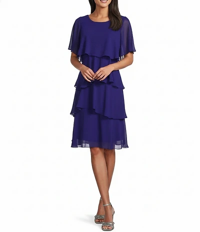 Ignite Evenings Short Sleeve Chiffon Tiered Shift Dress