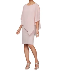 Ignite Evenings Short Sleeve Crew Neck Asymmetric Overlay Bodice Glitter Sheath Dress