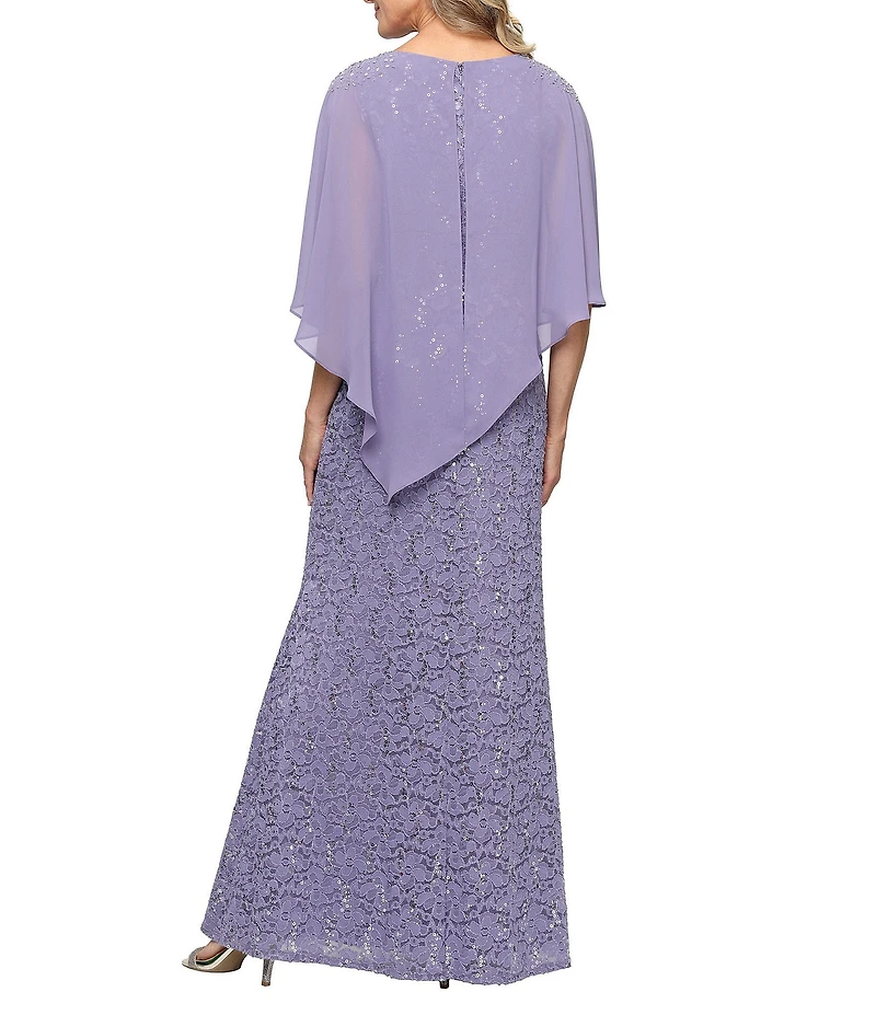 Ignite Evenings Short Sleeve Boat Neck Beaded Sequin Floral Lace Capelet Gown