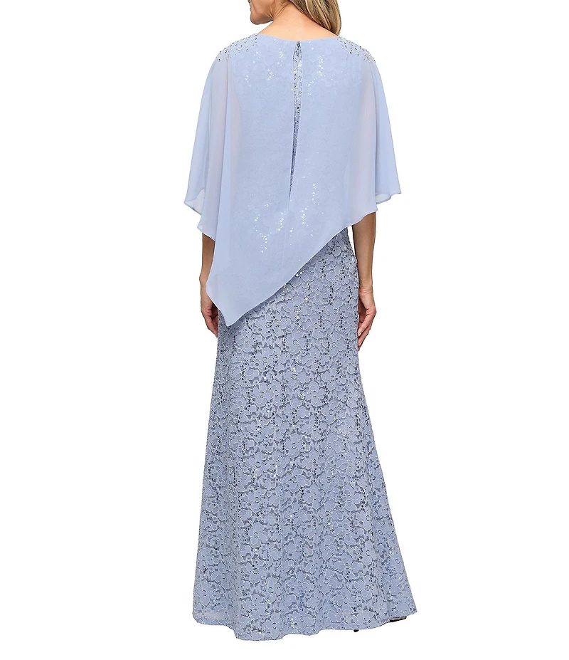 Ignite Evenings Short Sleeve Boat Neck Beaded Sequin Floral Lace Capelet Gown