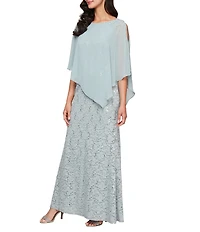 Ignite Evenings Short Sleeve Boat Neck Beaded Sequin Floral Lace Capelet Gown