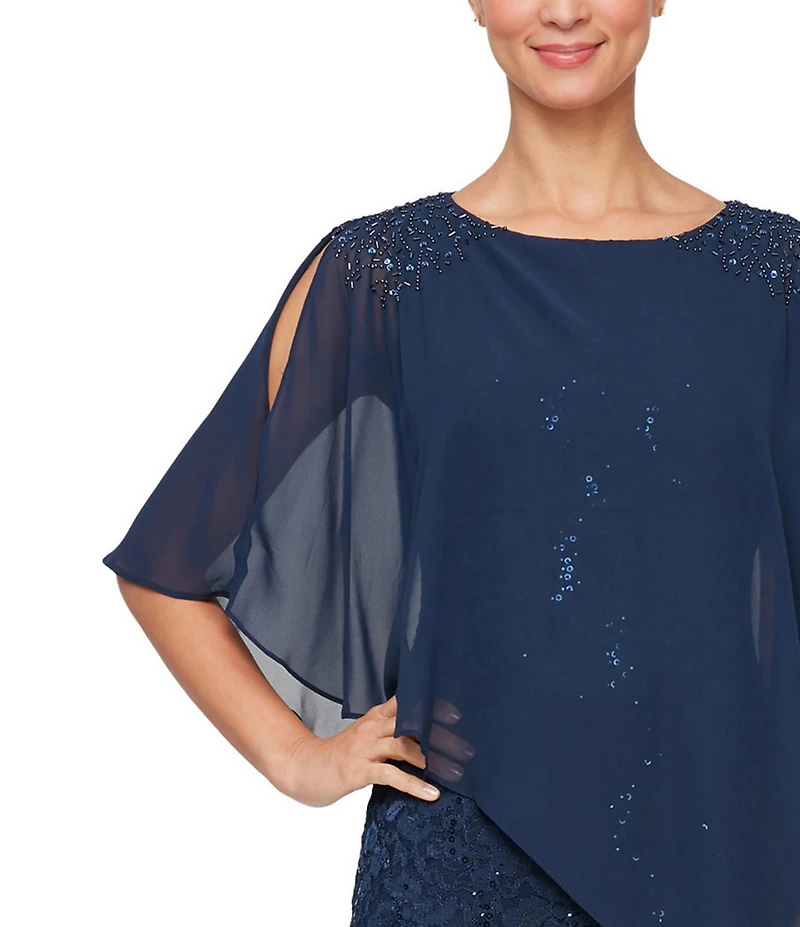 Ignite Evenings Short Sleeve Boat Neck Beaded Sequin Floral Lace Capelet Gown