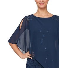 Ignite Evenings Short Sleeve Boat Neck Beaded Sequin Floral Lace Capelet Gown
