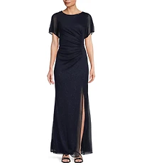 Ignite Evenings Short Sleeve Round Neck Front Slit Glitter Jersey Dress