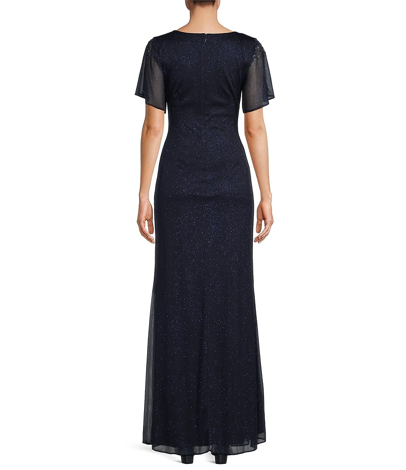Ignite Evenings Short Sleeve Round Neck Front Slit Glitter Jersey Dress