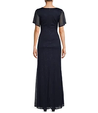 Ignite Evenings Short Sleeve Round Neck Front Slit Glitter Jersey Dress
