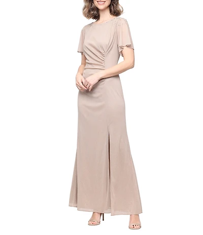 Ignite Evenings Short Sleeve Round Neck Front Slit Glitter Jersey Dress