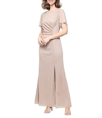 Ignite Evenings Short Sleeve Round Neck Front Slit Glitter Jersey Dress