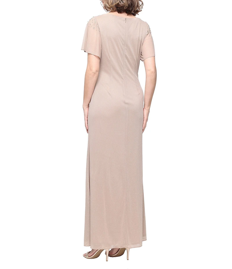 Ignite Evenings Short Sleeve Round Neck Front Slit Glitter Jersey Dress