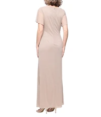 Ignite Evenings Short Sleeve Round Neck Front Slit Glitter Jersey Dress