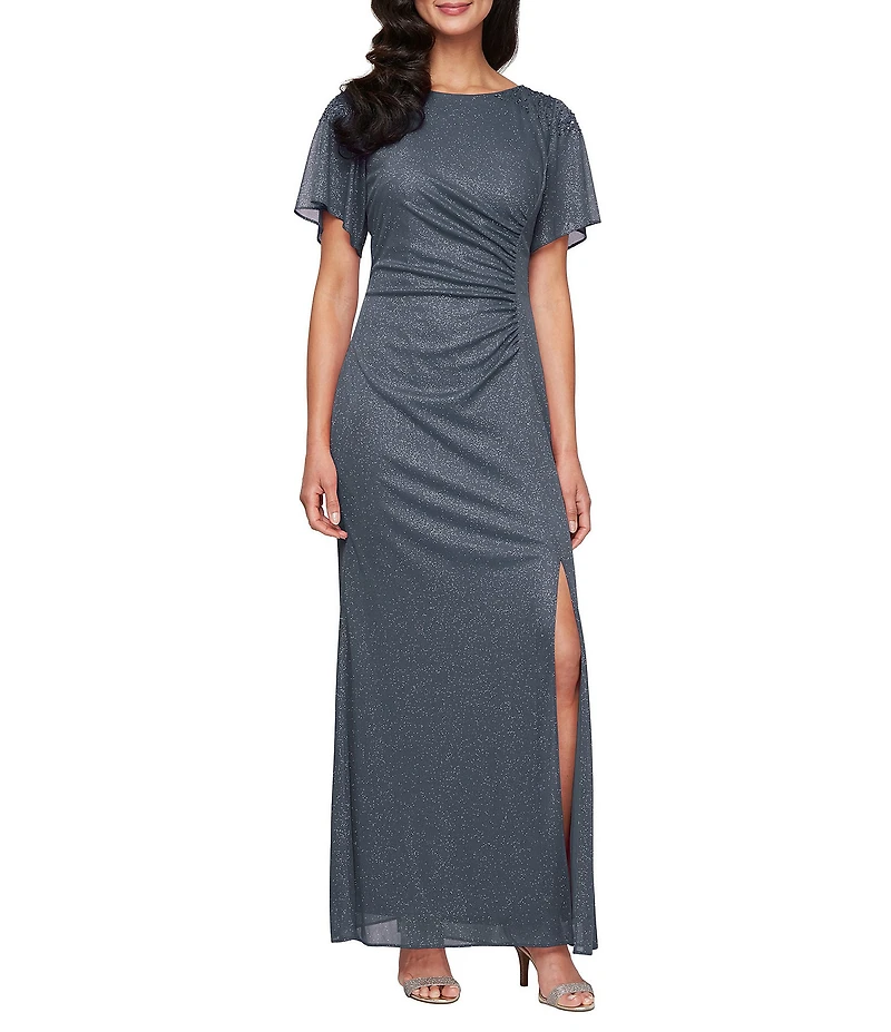 Ignite Evenings Short Sleeve Round Neck Front Slit Glitter Jersey Dress