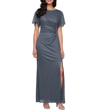 Ignite Evenings Short Sleeve Round Neck Front Slit Glitter Jersey Dress