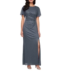 Ignite Evenings Short Sleeve Round Neck Front Slit Glitter Jersey Dress