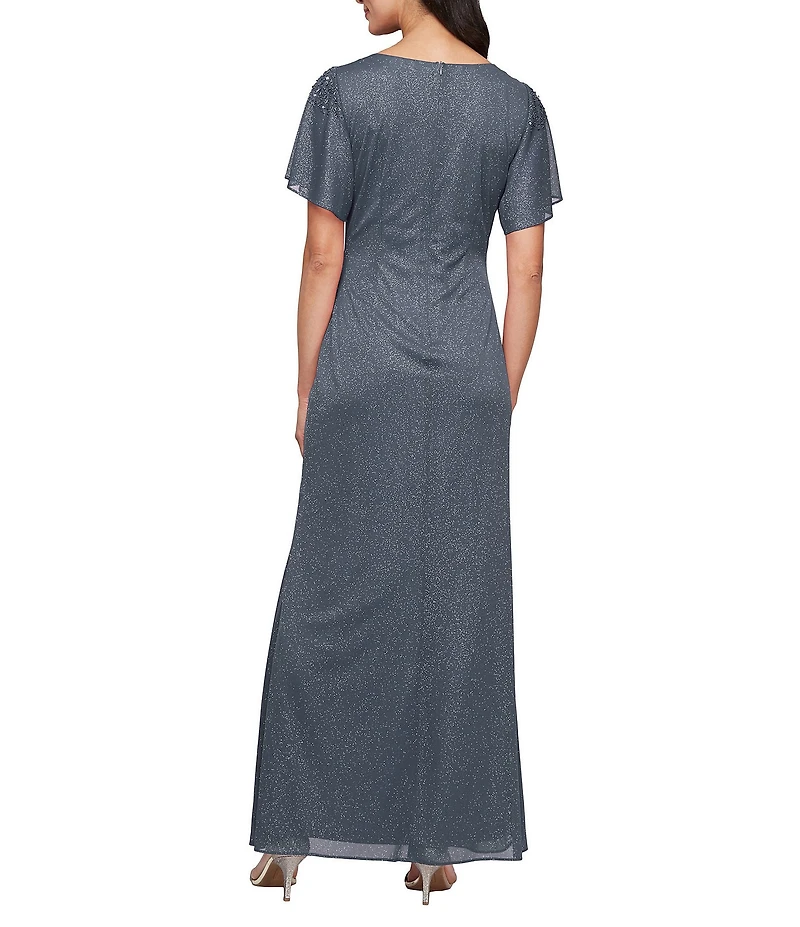 Ignite Evenings Short Sleeve Round Neck Front Slit Glitter Jersey Dress