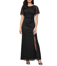 Ignite Evenings Short Sleeve Round Neck Front Slit Glitter Jersey Dress