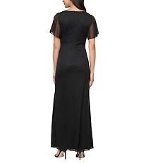 Ignite Evenings Short Sleeve Round Neck Front Slit Glitter Jersey Dress