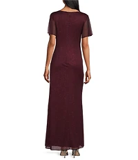 Ignite Evenings Short Sleeve Round Neck Front Slit Glitter Jersey Dress