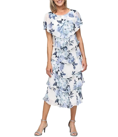 Ignite Evenings Short Sleeve Tiered Floral Print Midi Dress