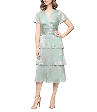Ignite Evenings Short Sleeve V-Neck Tiered Floral Midi Dress