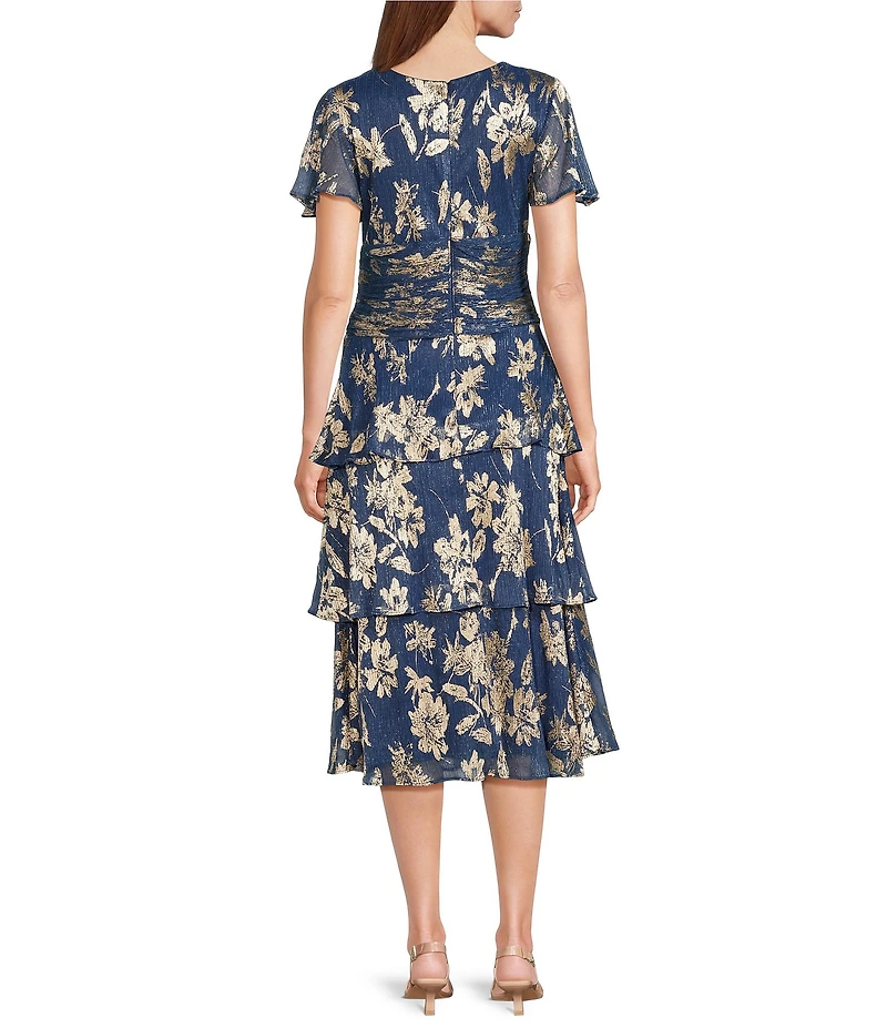 Ignite Evenings Short Sleeve V-Neck Tiered Floral Midi Dress