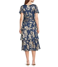 Ignite Evenings Short Sleeve V-Neck Tiered Floral Midi Dress