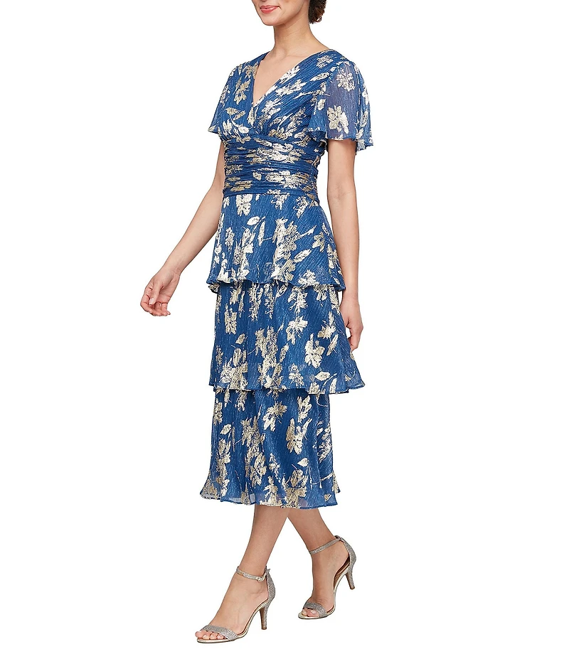 Ignite Evenings Short Sleeve V-Neck Tiered Floral Midi Dress