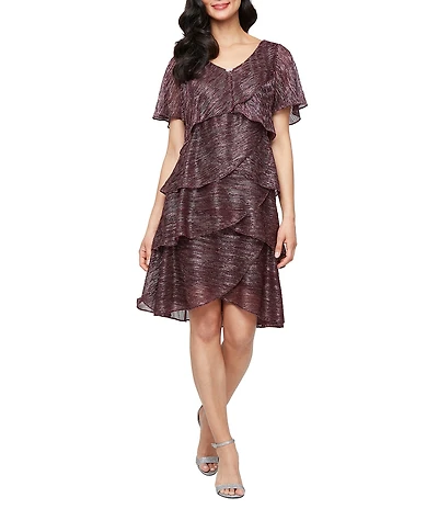 Ignite Evenings Short Sleeve V-Neck Tiered Shimmer Shift Dress