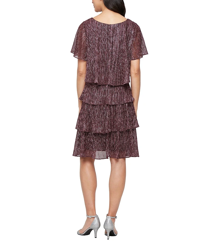 Ignite Evenings Short Sleeve V-Neck Tiered Shimmer Shift Dress