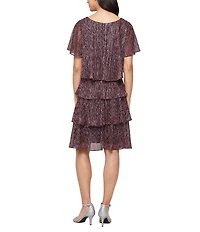 Ignite Evenings Short Sleeve V-Neck Tiered Shimmer Shift Dress