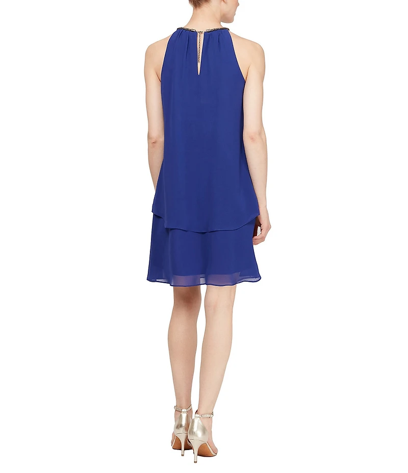 Ignite Evenings Chiffon Sleeveless Embellished Halter Neck Flowy Front Dress