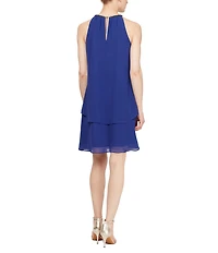 Ignite Evenings Chiffon Sleeveless Embellished Halter Neck Flowy Front Dress