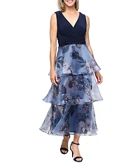 Ignite Evenings Sleeveless Printed Organza Tiered Skirt Midi Dress