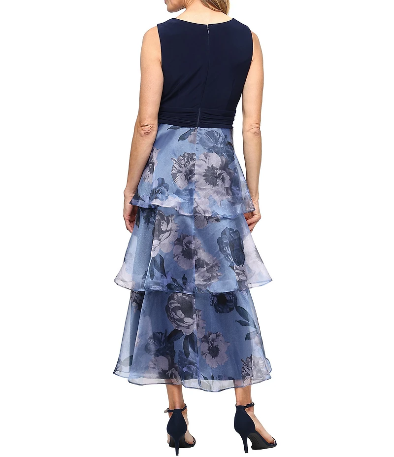 Ignite Evenings Sleeveless Printed Organza Tiered Skirt Midi Dress