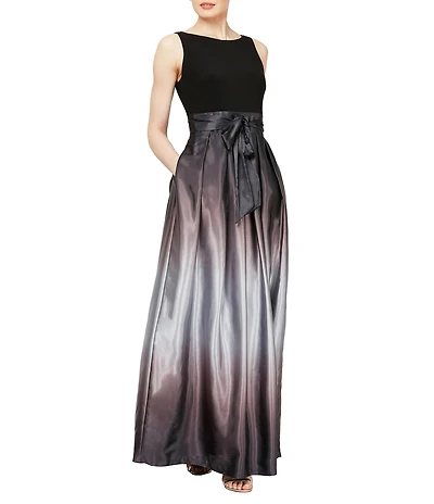 Ignite Evenings Charmeuse Sleeveless Round Neck Ombre Skirt Tie Waist Gown