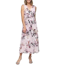 Ignite Evenings Sleeveless V-Neck Floral Printed Mesh Dress