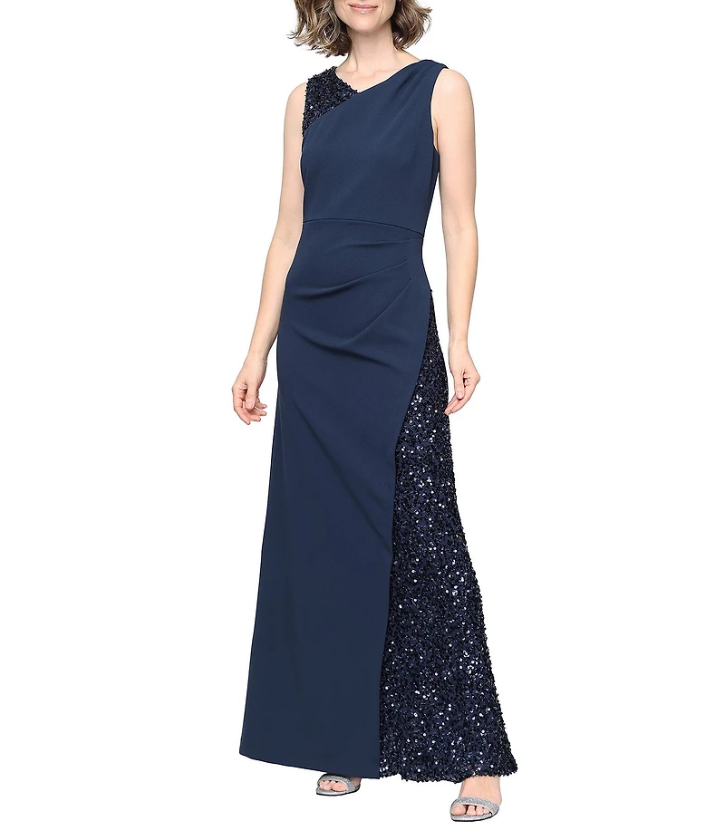 Ignite Evenings Sleeveless V Neck Sequin Panel Crepe Gown