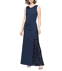 Ignite Evenings Sleeveless V Neck Sequin Panel Crepe Gown