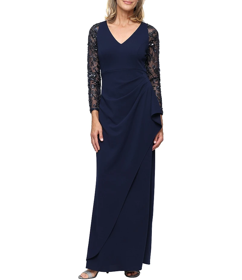 Ignite Evenings Stretch Crepe V Neck Illusion Beaded Sleeve Cascade Detail Long Dress