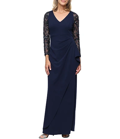 Ignite Evenings Stretch Crepe V Neck Illusion Beaded Sleeve Cascade Detail Long Dress