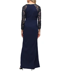 Ignite Evenings Stretch Crepe V Neck Illusion Beaded Sleeve Cascade Detail Long Dress