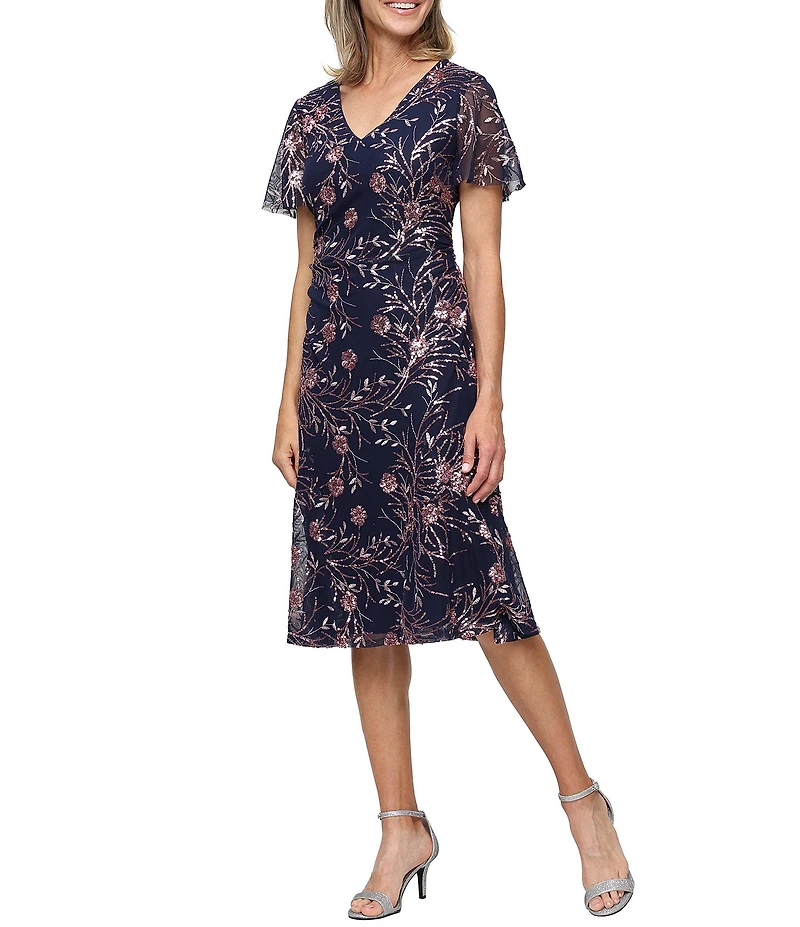 Ignite Evenings Stretch Sequin Illusion Flutter Sleeve V Neck Dress