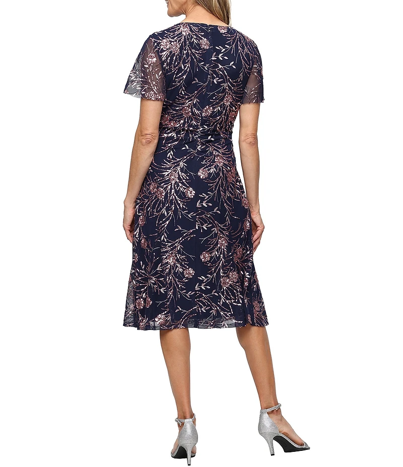 Ignite Evenings Stretch Sequin Illusion Flutter Sleeve V Neck Dress