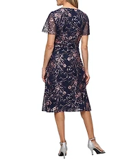 Ignite Evenings Stretch Sequin Illusion Flutter Sleeve V Neck Dress